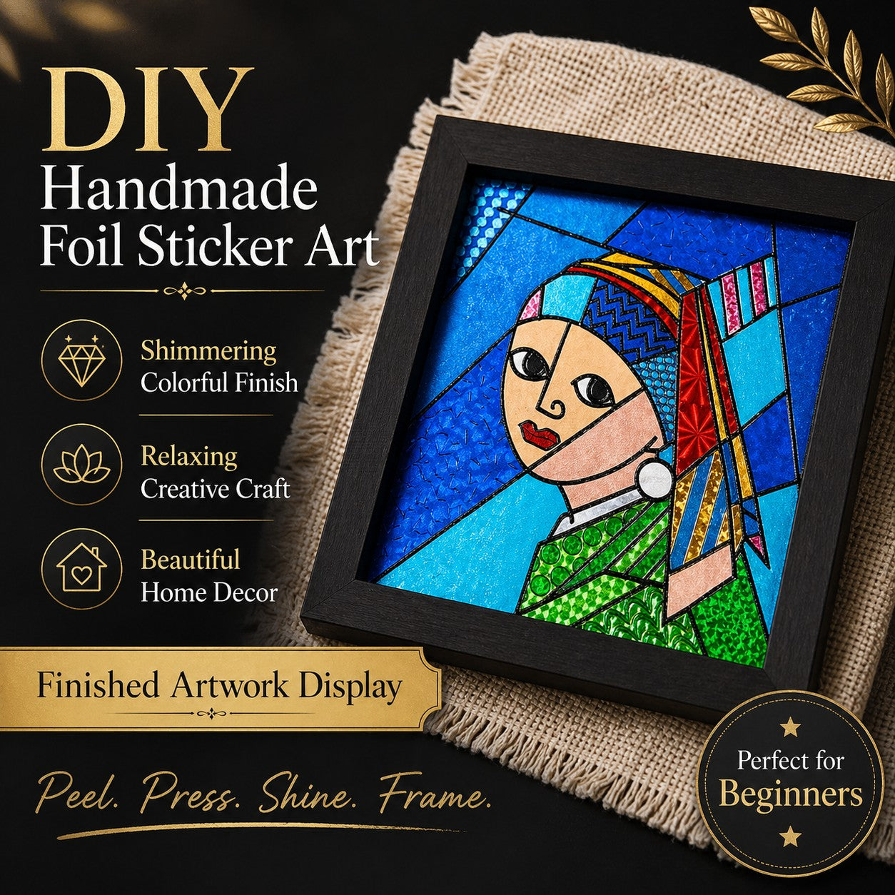 DIY Handmade Foil Sticker Art Kit – Colorful Stained Glass Craft, Girl with Pearl Earring, Fun Relaxing Creative Activity, Framed Artwork Display, Beginner Friendly