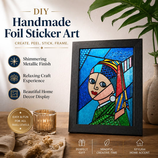 DIY Handmade Foil Sticker Art Kit – Colorful Stained Glass Craft, Girl with Pearl Earring, Fun Relaxing Creative Activity, Framed Artwork Display, Beginner Friendly