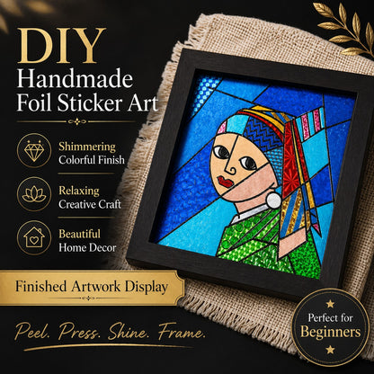 DIY Handmade Foil Sticker Art Kit – Colorful Stained Glass Craft, Girl with Pearl Earring, Fun Relaxing Creative Activity, Framed Artwork Display, Beginner Friendly