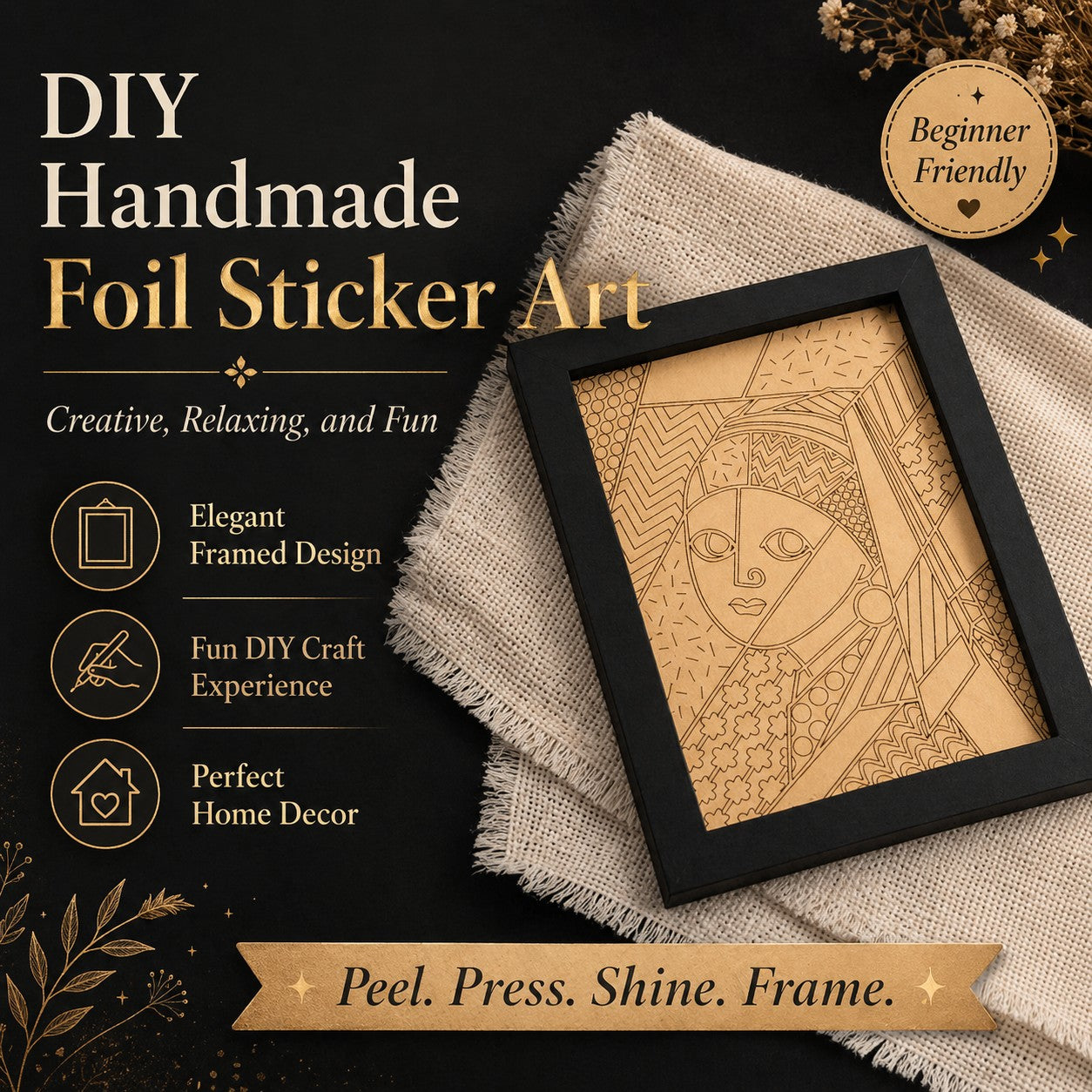 DIY Handmade Foil Sticker Art Kit – Colorful Stained Glass Craft, Girl with Pearl Earring, Fun Relaxing Creative Activity, Framed Artwork Display, Beginner Friendly