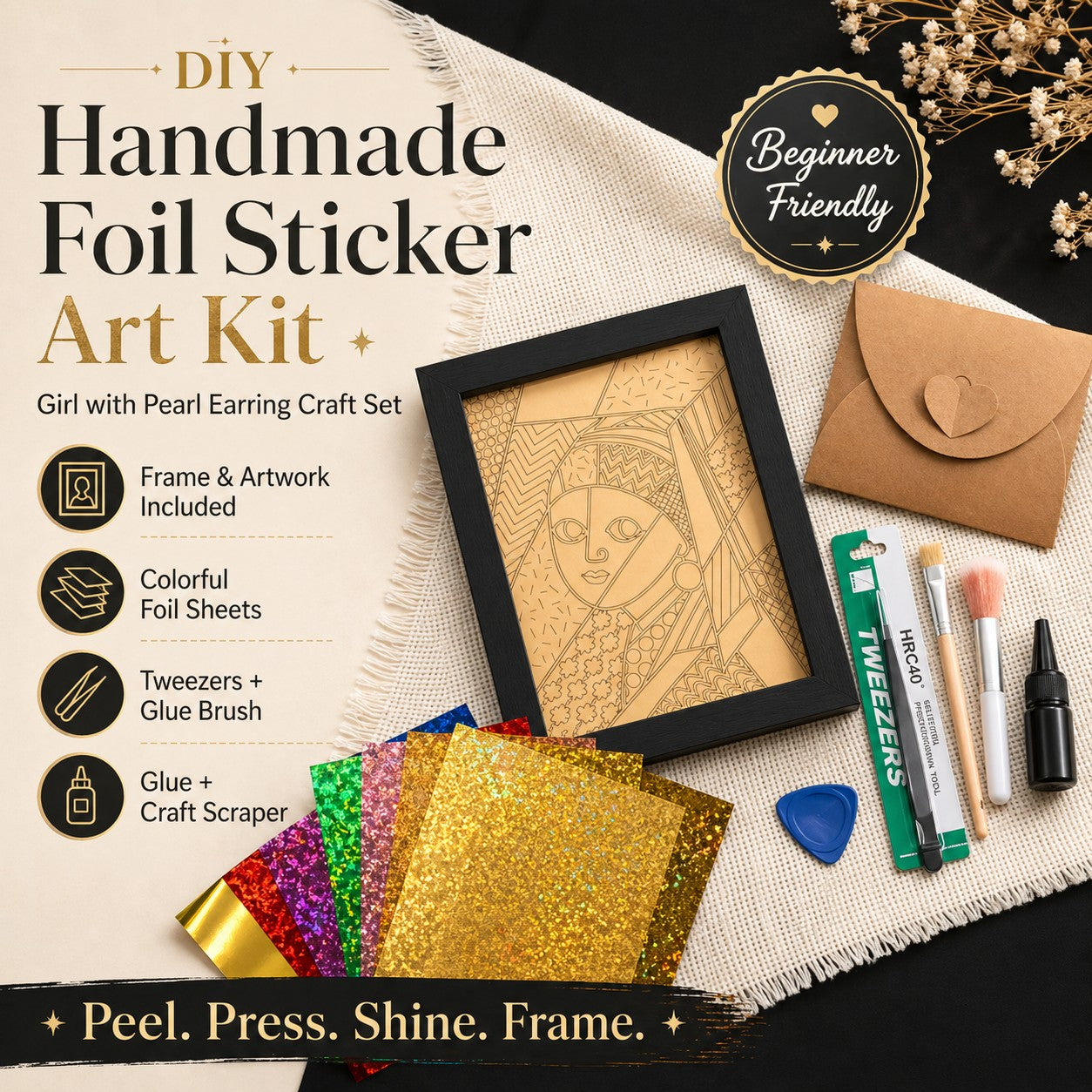 DIY Handmade Foil Sticker Art Kit – Colorful Stained Glass Craft, Girl with Pearl Earring, Fun Relaxing Creative Activity, Framed Artwork Display, Beginner Friendly