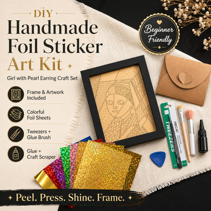 DIY Handmade Foil Sticker Art Kit – Colorful Stained Glass Craft, Girl with Pearl Earring, Fun Relaxing Creative Activity, Framed Artwork Display, Beginner Friendly
