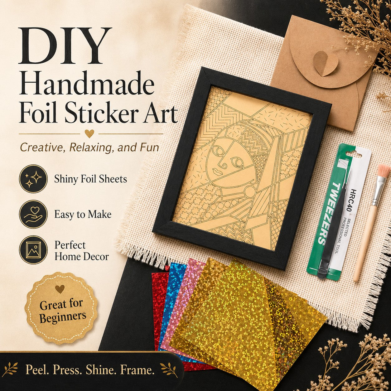 DIY Handmade Foil Sticker Art Kit – Colorful Stained Glass Craft, Girl with Pearl Earring, Fun Relaxing Creative Activity, Framed Artwork Display, Beginner Friendly