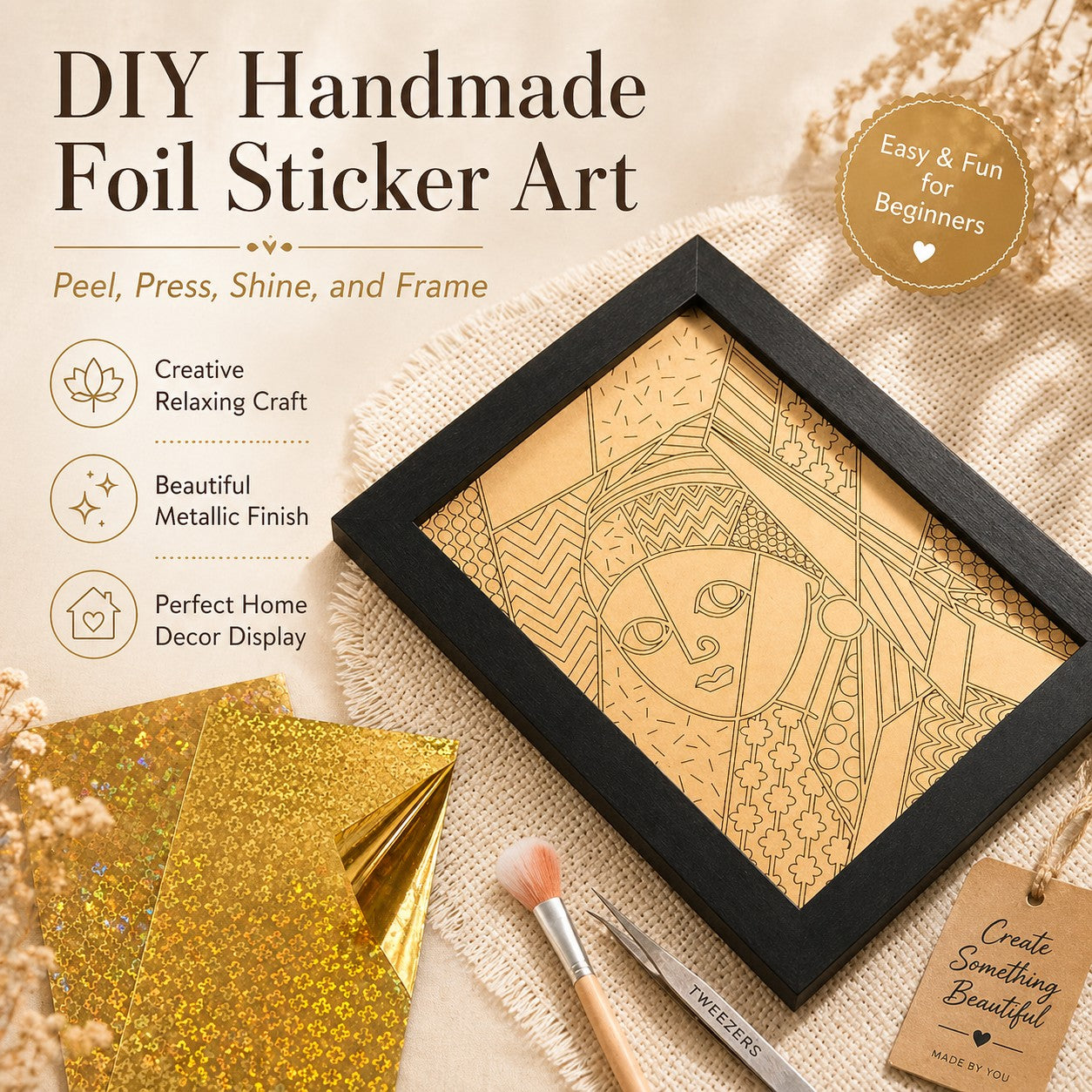 DIY Handmade Foil Sticker Art Kit – Colorful Stained Glass Craft, Girl with Pearl Earring, Fun Relaxing Creative Activity, Framed Artwork Display, Beginner Friendly