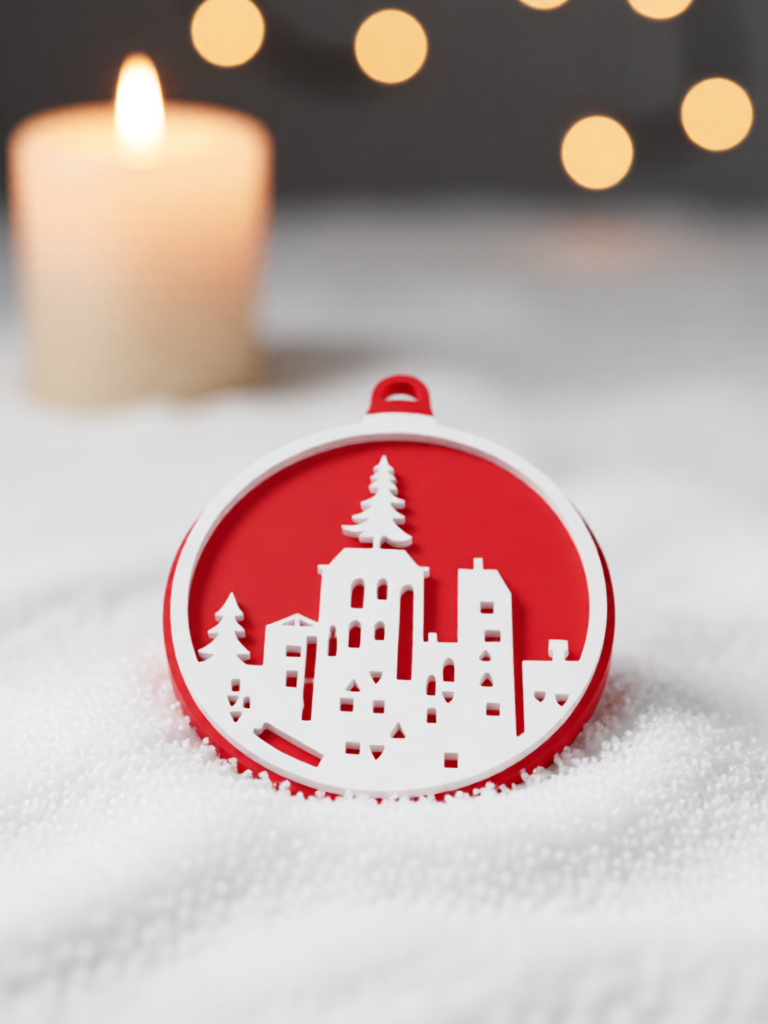 3D Printed Fluorescent Christmas City Silhouette Ornament, 7cm, Festive Decoration, Minimalist Art Design, Warm Light, Christmas Tree Decoration