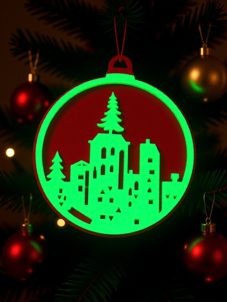 3D Printed Fluorescent Christmas City Silhouette Ornament, 7cm, Festive Decoration, Minimalist Art Design, Warm Light, Christmas Tree Decoration