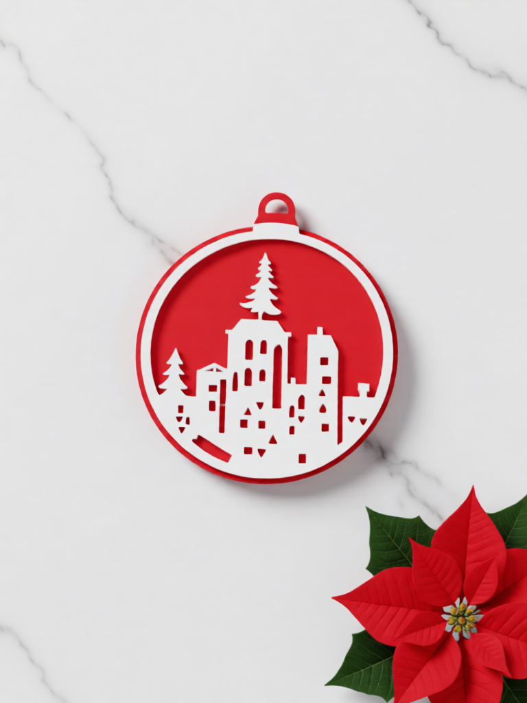 3D Printed Fluorescent Christmas City Silhouette Ornament, 7cm, Festive Decoration, Minimalist Art Design, Warm Light, Christmas Tree Decoration