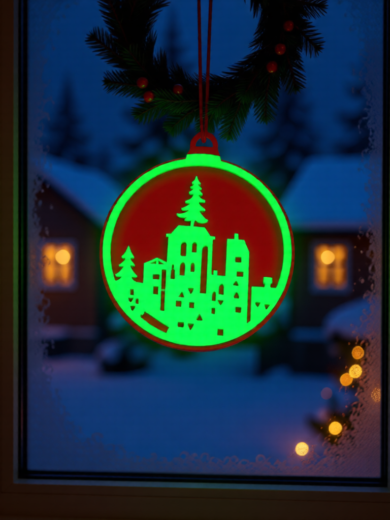 3D Printed Fluorescent Christmas City Silhouette Ornament, 7cm, Festive Decoration, Minimalist Art Design, Warm Light, Christmas Tree Decoration