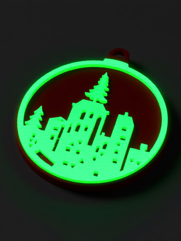 3D Printed Fluorescent Christmas City Silhouette Ornament, 7cm, Festive Decoration, Minimalist Art Design, Warm Light, Christmas Tree Decoration